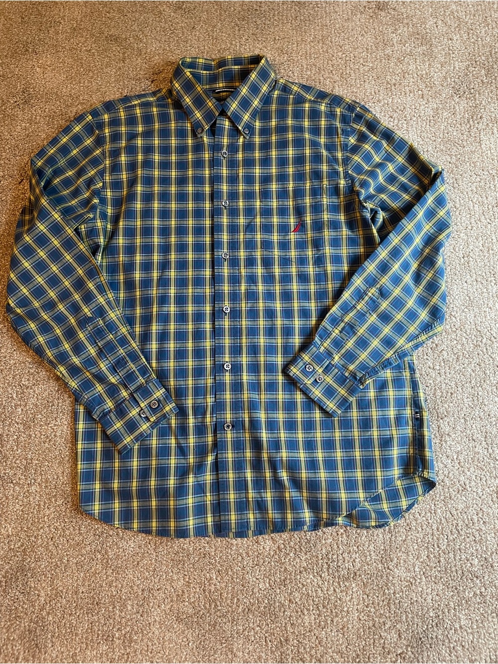 Nautica Men's Blue and Yellow Plaid Button-Up Shirt Size L Cotton
